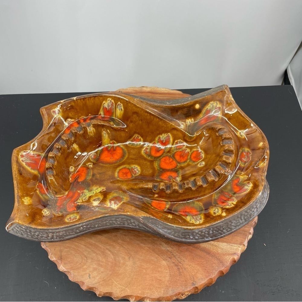 Vtg trinket tray Tabletop Glazed Ceramic Mod Retro Design Orange Brown Funky MCM